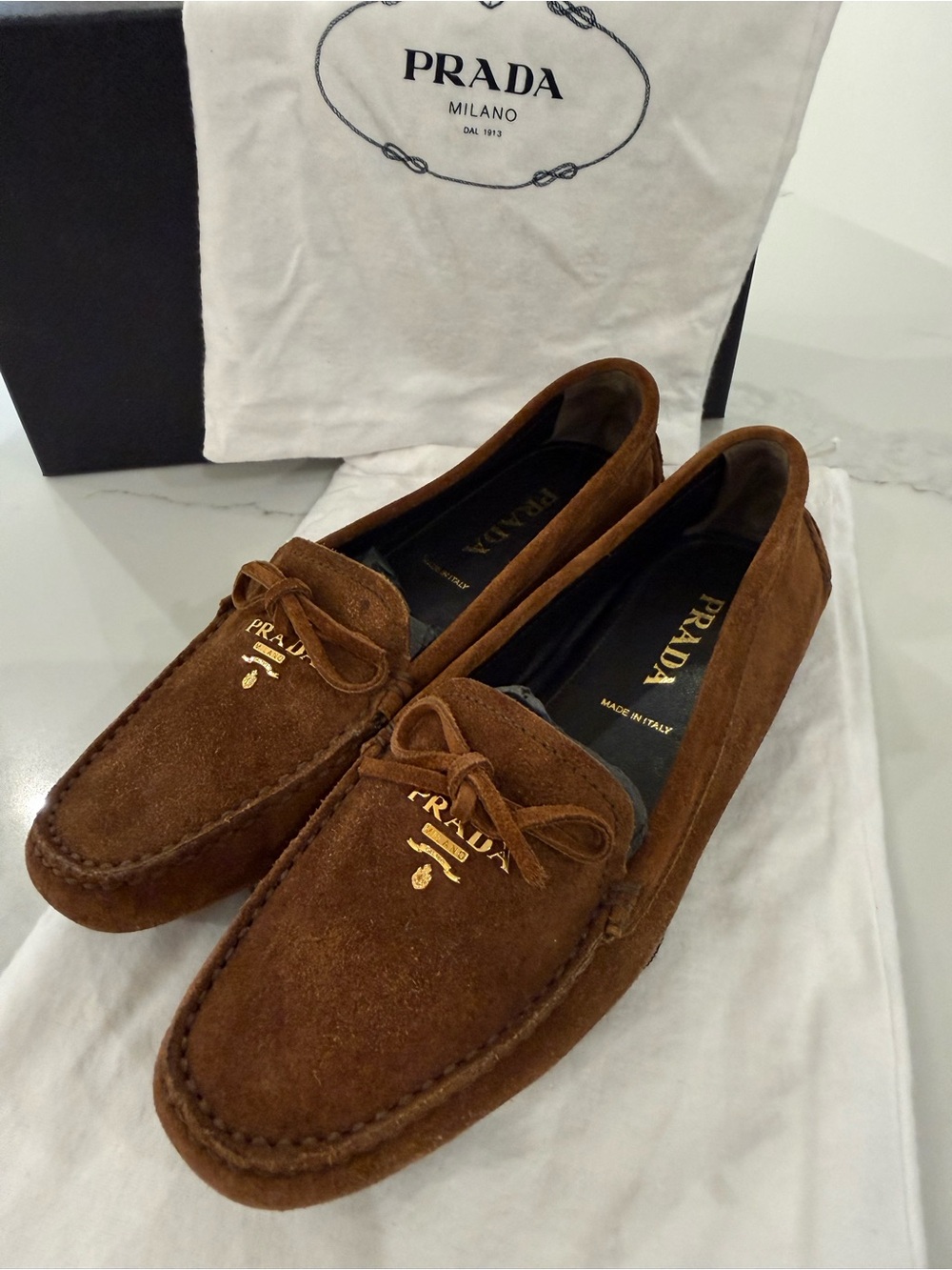 Prada Brown Suede Bow Driving Loafers for women
